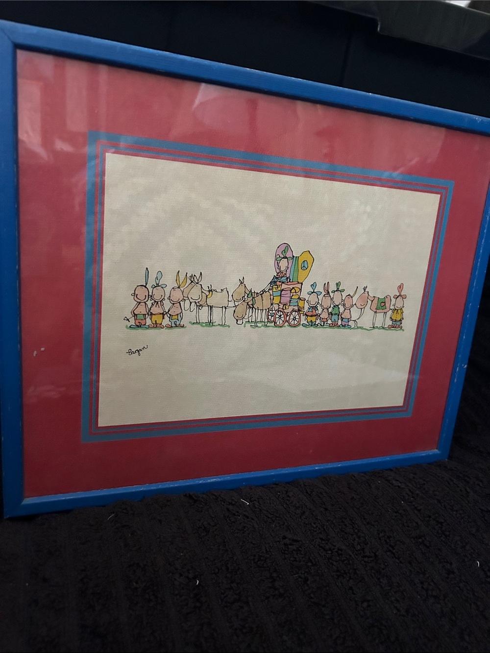 Vintage whimsical Framed Illustration with Red Mat and Blue Frame